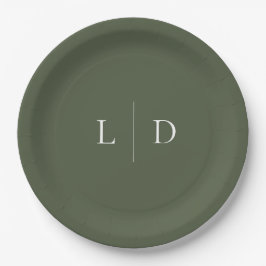 Plato De Papel Elegante Minimalista Monograma Boda Verde Oliva