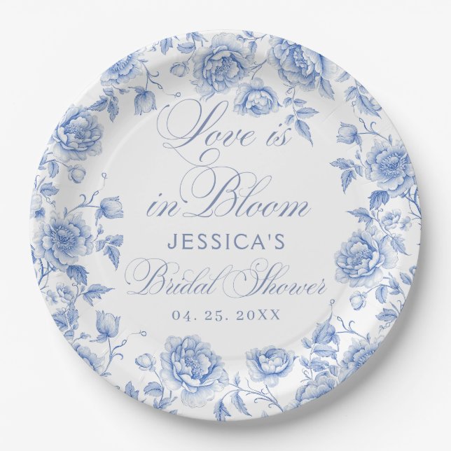Plato De Papel Elegante Moda Blue Toile Chinoiserie Bridal Shower (Anverso)