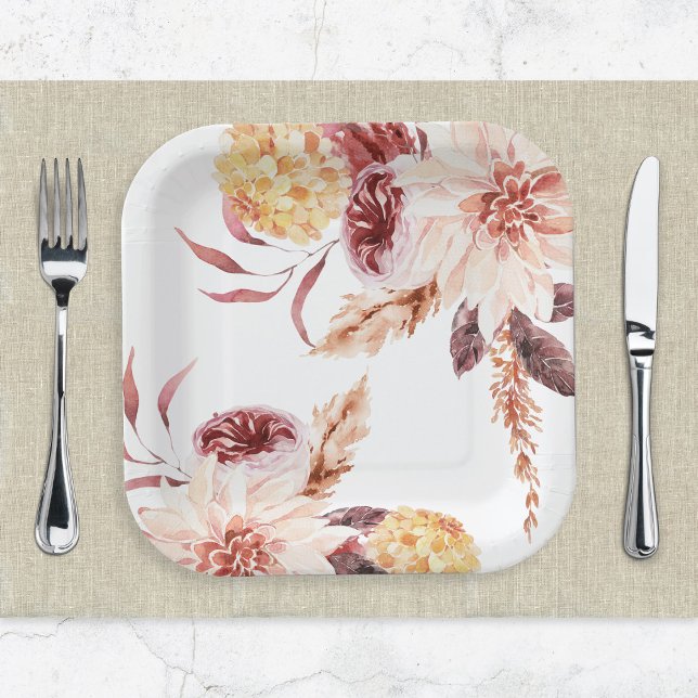 Plato De Papel Elegante Moda Boho acuarela Floral Bridal Shower (Subido por el creador)