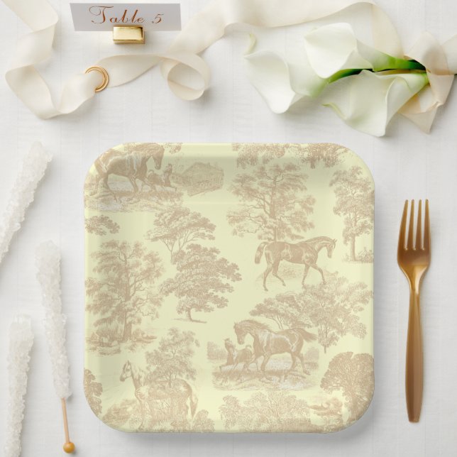 Plato De Papel Elegante Moda Horse Toile Beige Cream (Boda)