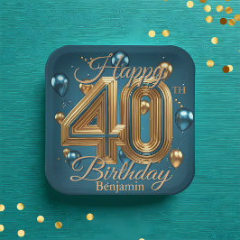 Plato De Papel Elegante Moda Lujoso Azul y Oro 40 cumpleaños