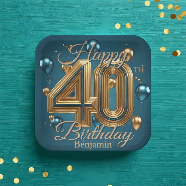 Plato De Papel Elegante Moda Lujoso Azul y Oro 40 cumpleaños (Subido por el creador)
