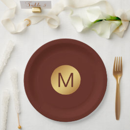 Plato De Papel Elegante Moda Rojo & Oro Monograma Inicial