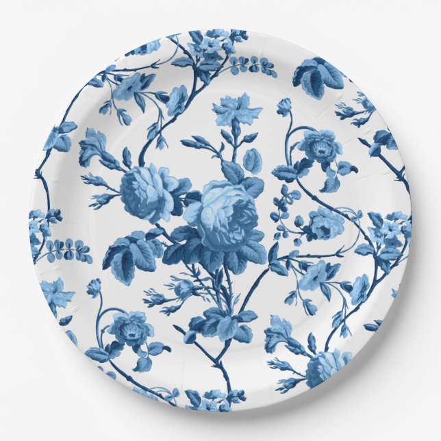 Plato De Papel Elegante Moda Vintage Azul Rosa Floral (Anverso)