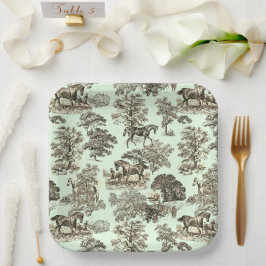 Plato De Papel Elegante Moda Vintage Beige Rustic Horses Toile