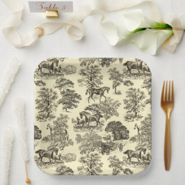 Plato De Papel Elegante Moda Vintage Beige Rustic Horses Toile