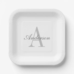 Plato De Papel Elegante Monograma Blanco y Gris