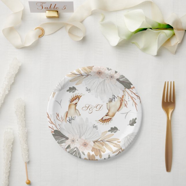 Plato De Papel Elegante Monograma Boho Flores acuáticas y pájaros (Boda)