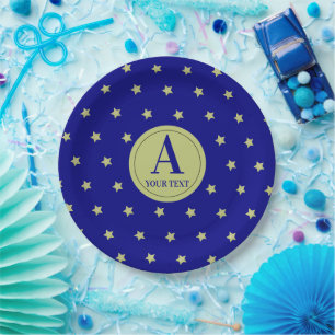 Plato De Papel Elegante Monograma con Patrón de Estrella Dorada y