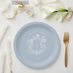 Plato De Papel Elegante Monograma de Cima Floral Azul