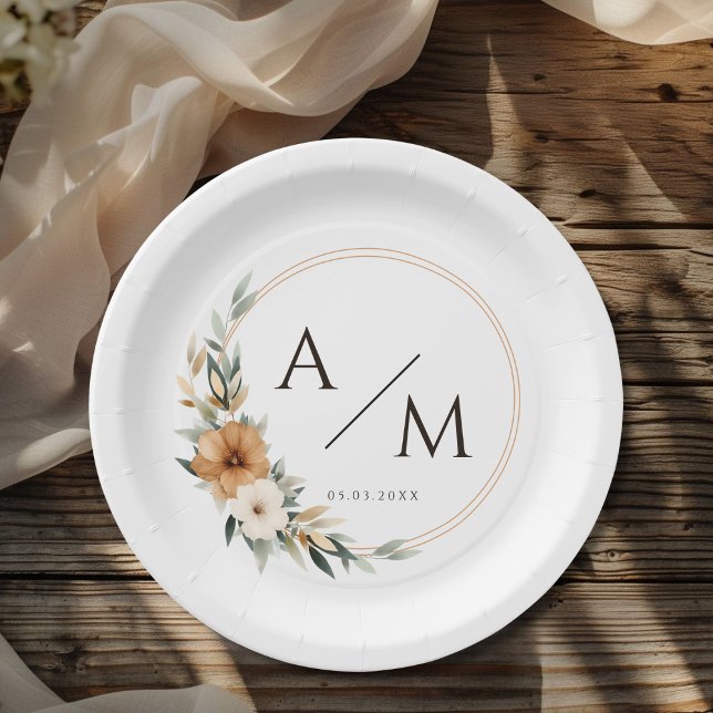 Plato De Papel Elegante Monograma de Cobre Botánico Terroso para  (Elegant Monogram Copper Earthy Botanical Wedding Paper Plates)