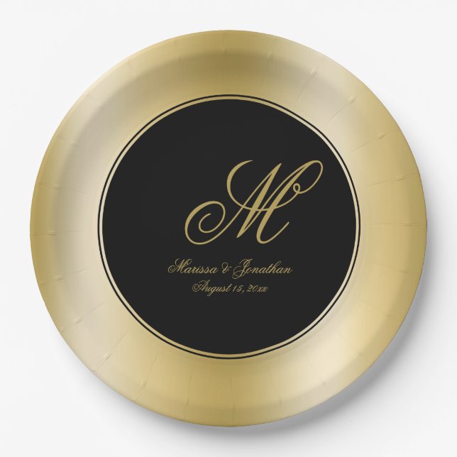Plato De Papel Elegante Monograma Dorado Script Boda Negro (Anverso)