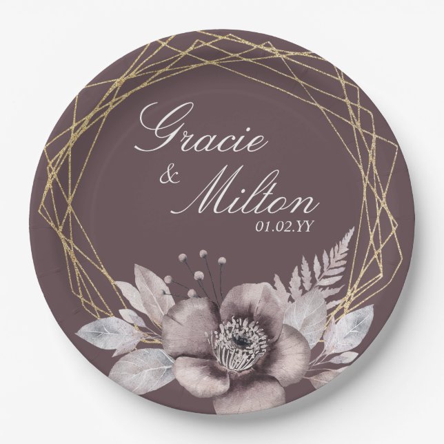 Plato De Papel Elegante Monograma Floral Mauve Gold Boda (Anverso)