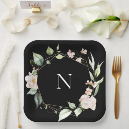 Plato De Papel Elegante Monograma Floral Placas Bodas negras rosa