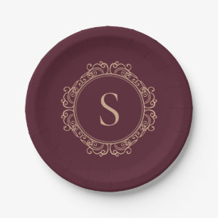 Plato De Papel Elegante Monograma Inicial Clásico Moderno Burdeos
