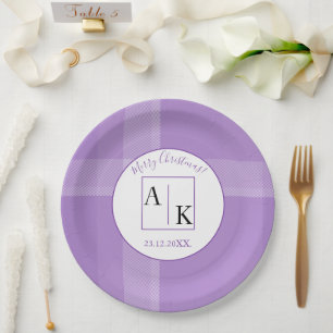 Plato De Papel Elegante Monograma Lilac Violet Tartan