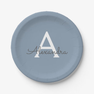 Plato De Papel Elegante Monograma moderno Minimalista azul turbio