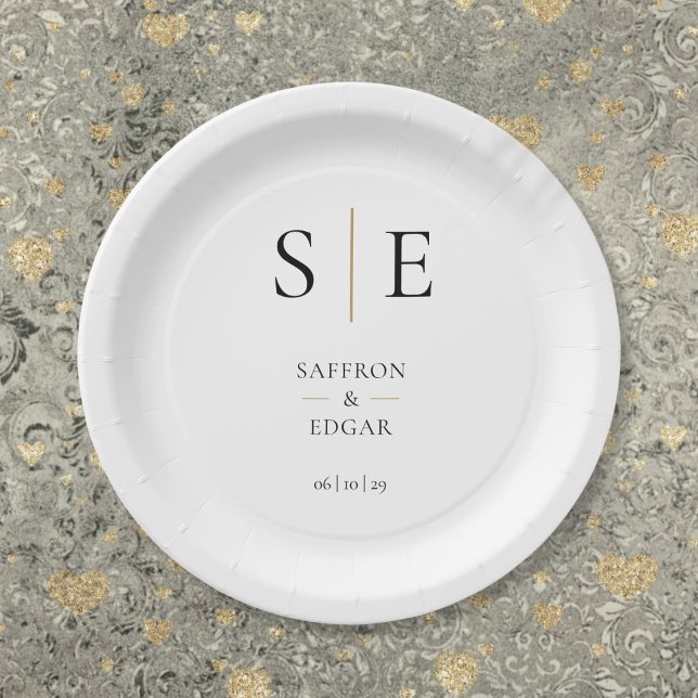 Plato De Papel Elegante Monograma Negro Y Boda De Oro (Elegant Monogram Black And Gold Wedding Paper Plates)