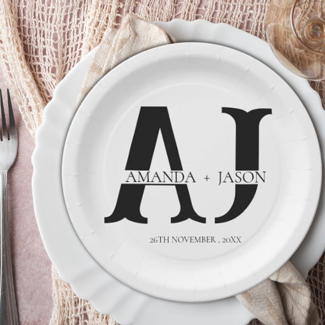 Plato De Papel Elegante Monograma Novia Groom Nombres Fiesta de B (Elegant Monogram Bride Groom Names Wedding Party Paper Plates)