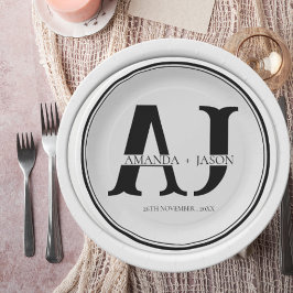 Plato De Papel Elegante Monograma Novia Groom Nombres Fiesta de B