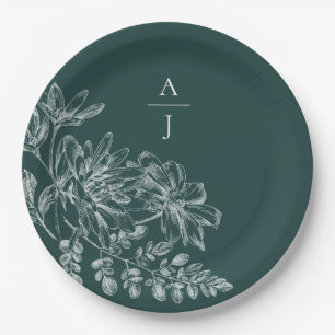 Plato De Papel Elegante Monograma Verde Esmeralda Floral