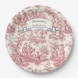Plato De Papel Elegante monograma vintage rojo toile de jouy