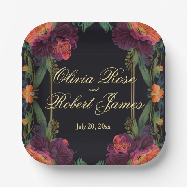 Plato De Papel Elegante moody peachy rosa boho floral (Anverso)