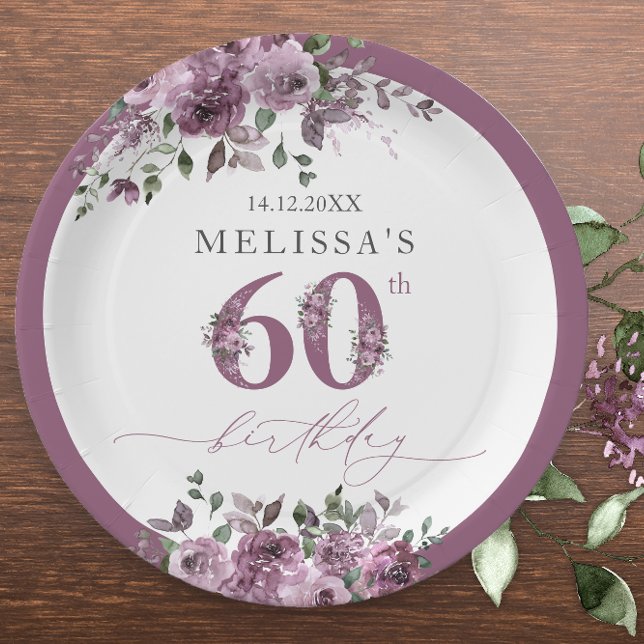 Plato De Papel Elegante Morado Floral 60 cumpleaños (Subido por el creador)