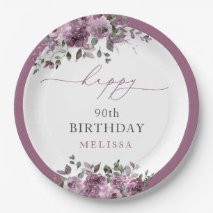Plato De Papel Elegante Morado Floral Cualquier Edad Cumpleaños