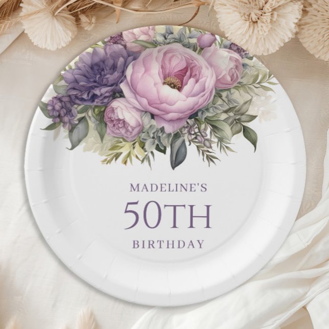 Plato De Papel Elegante Morado Pink Floral 50 cumpleaños (Elegant purple watercolor floral 50th birthday party paper plates)