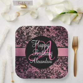 Plato De Papel Elegante morograma color negro Rubor rosa