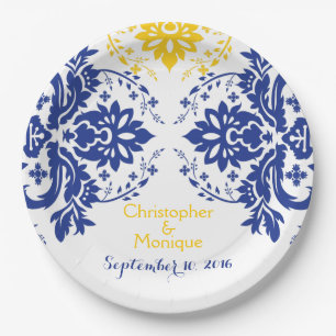 Plato De Papel Elegante motivo damasco azul real, boda amarillo