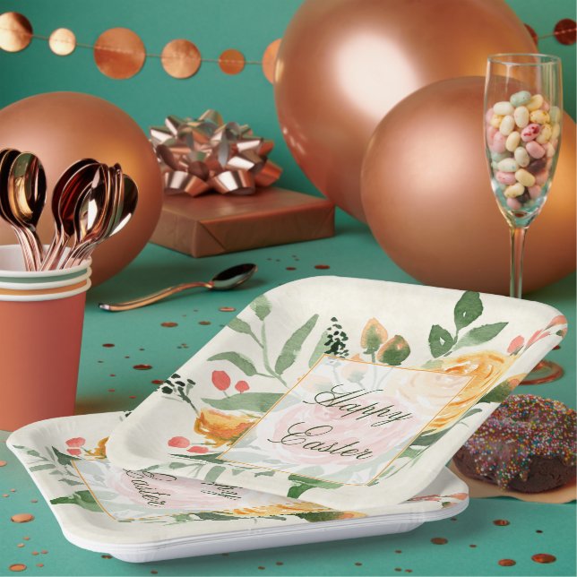 Plato De Papel Elegante Naranja personalizado floral de Pascua (Multi)