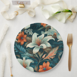 Plato De Papel Elegante Naranja Turquesa Flor Patrón Floral