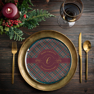 Plato De Papel Elegante Navidad de Monograma Dorado