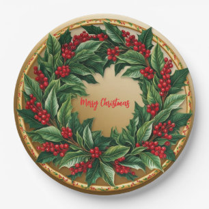 Plato De Papel Elegante Navidades de la guirnalda roja Holly Berr