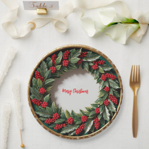Plato De Papel Elegante Navidades de la guirnalda roja Holly Berr