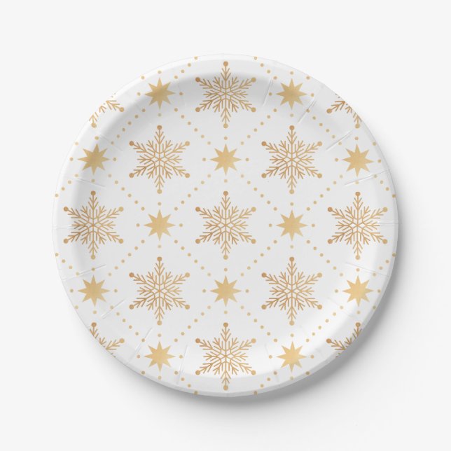 Plato De Papel Elegante Navidades Faux Gold Snowflakes Patttern (Anverso)