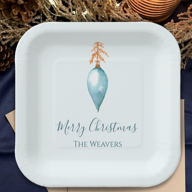 Plato De Papel Elegante Navidades Personalizados de color azul (Add your name to customize the blue hand painted watercolor Christmas dinner paper plates. 
)