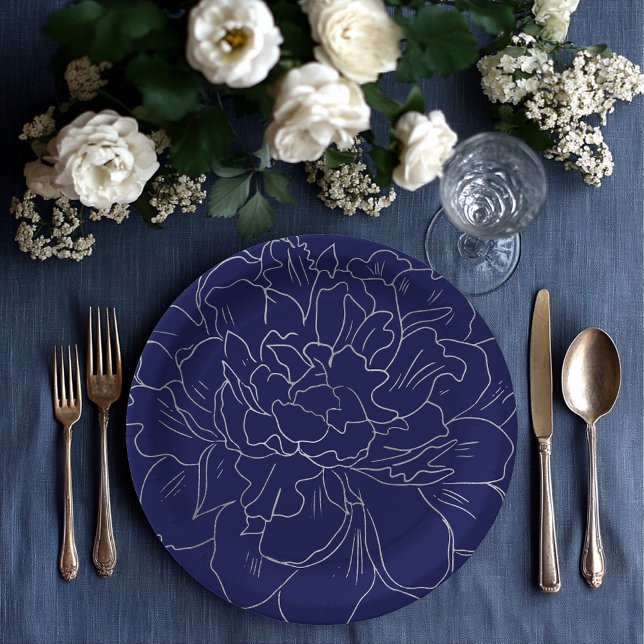 Plato De Papel Elegante Navy azul gran floral plateada (Subido por el creador)