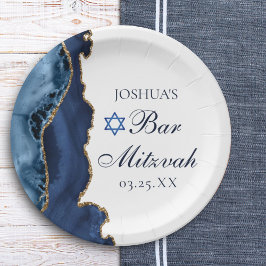 Plato De Papel Elegante Navy Blue Gold Agate Bar Mitzvah Fiesta