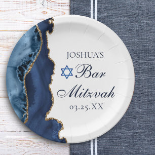 Plato De Papel Elegante Navy Blue Gold Agate Bar Mitzvah Fiesta