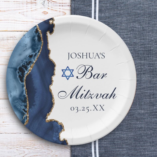 Plato De Papel Elegante Navy Blue Gold Agate Bar Mitzvah Fiesta (Subido por el creador)