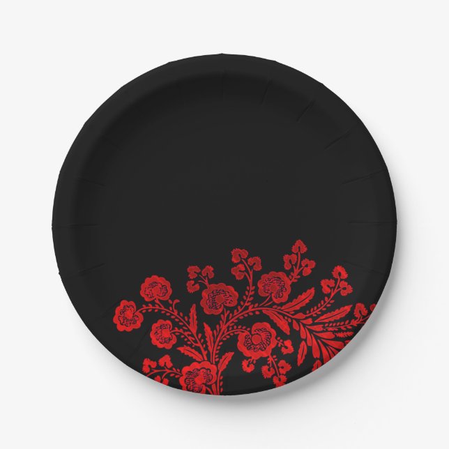 Plato De Papel Elegante negro floral y rojo (Anverso)
