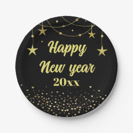 Plato De Papel Elegante Negro Moderno y Oro Feliz Año Nuevo