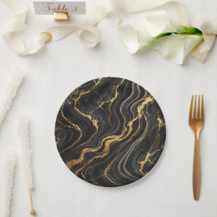 Plato De Papel Elegante negro y dorado con aspecto de mármol glam