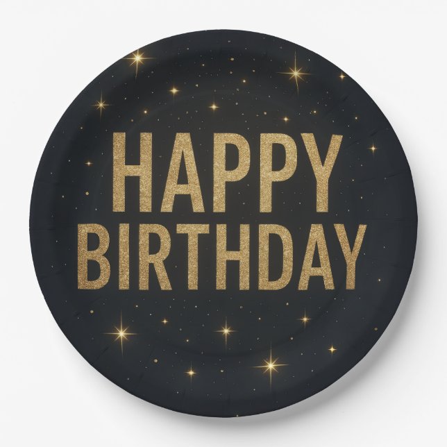 Plato De Papel Elegante negro y Purpurina de oro Feliz cumpleaños (Anverso)