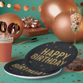 Plato De Papel Elegante negro y Purpurina de oro Feliz cumpleaños