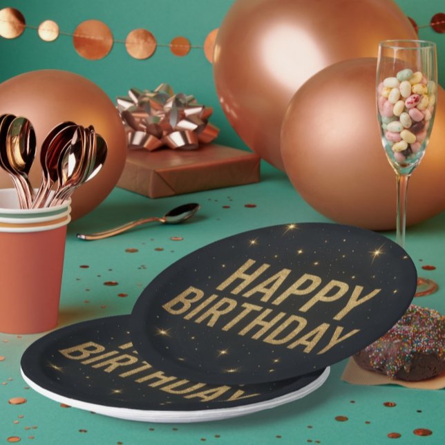 Plato De Papel Elegante negro y Purpurina de oro Feliz cumpleaños (Subido por el creador)