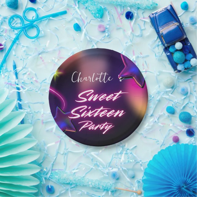 Plato De Papel Elegante neón negro rosado dulce 16 cumpleaños (Fiesta)